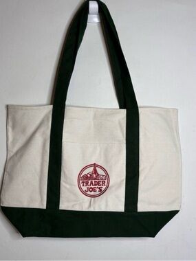 Trader Joe's Cream and Dark Green Canvas Tote Bag Large Version